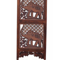 Hand Carved Elephant Design Foldable 4 Panel Wooden Room Divider, Brown Brown Solid Wood