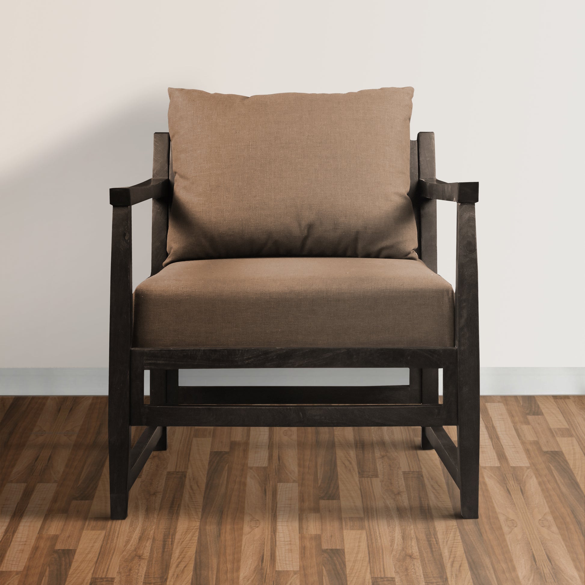Malibu 27 Inch Handcrafted Mango Wood Accent Chair, Fabric, Pillow Back, Open Frame, Brown Brown Solid Wood