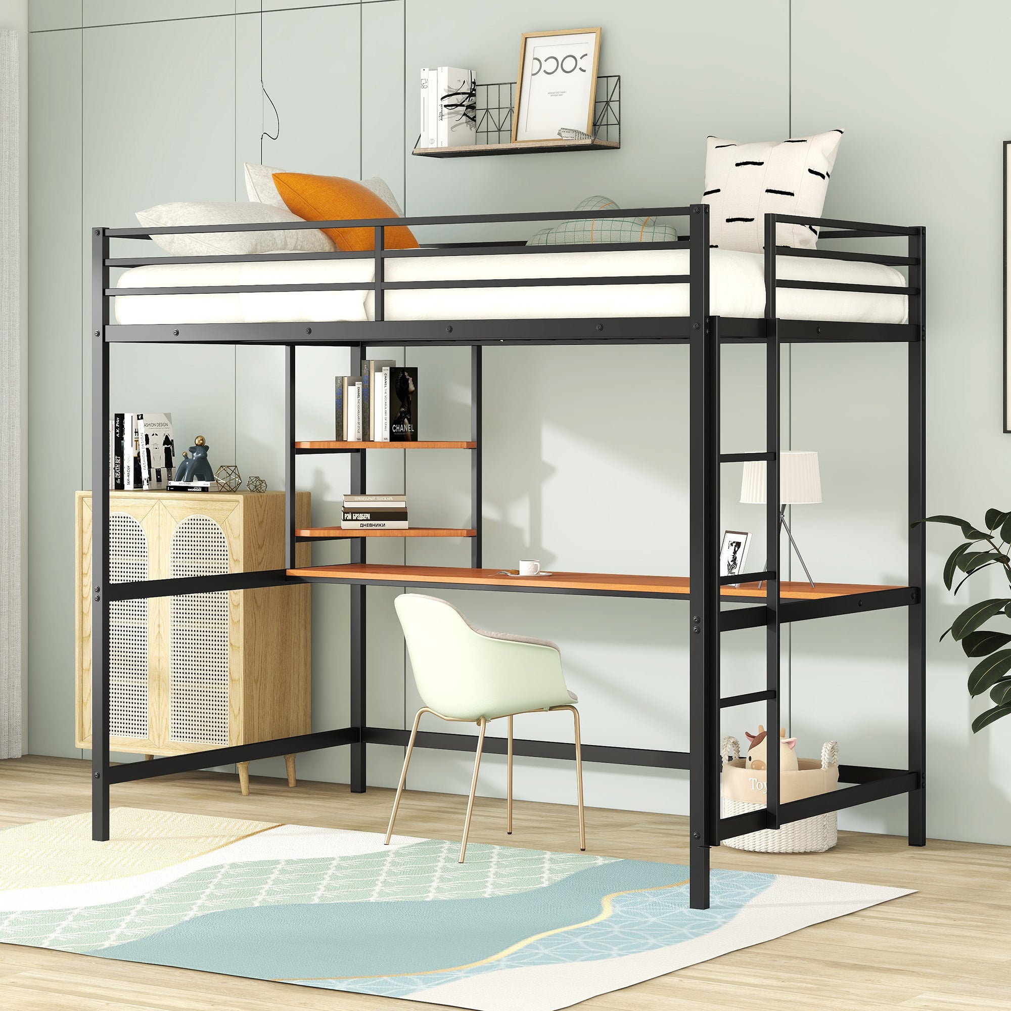 Full Metal Loft Bed With Desk And Shelve, Black Black Metal