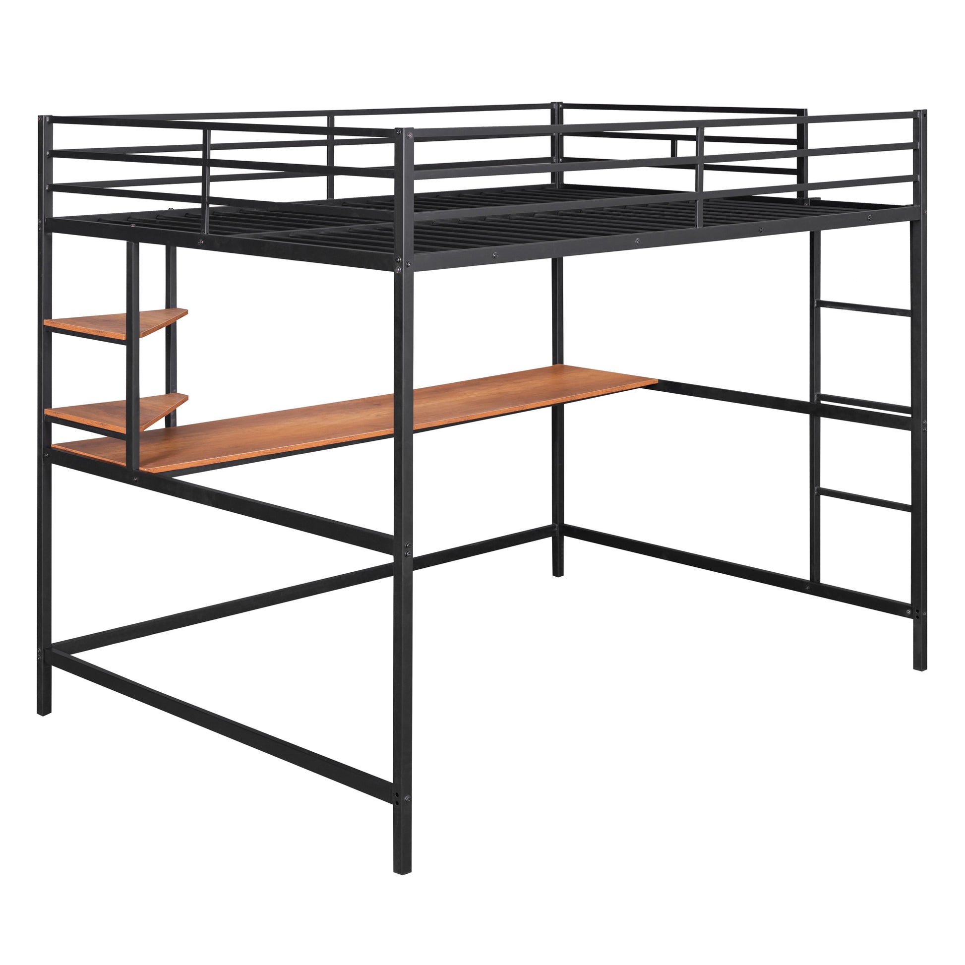 Full Metal Loft Bed With Desk And Shelve, Black Black Metal