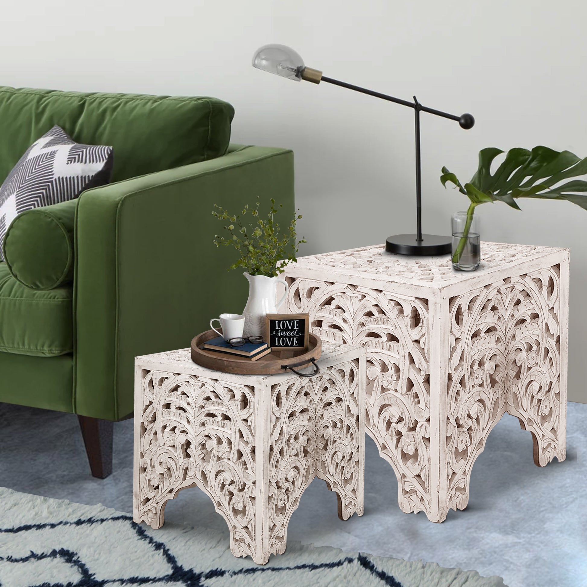 Wooden End Table With Floral Cut Out Design, Set Of 2, Antique White White Solid Wood