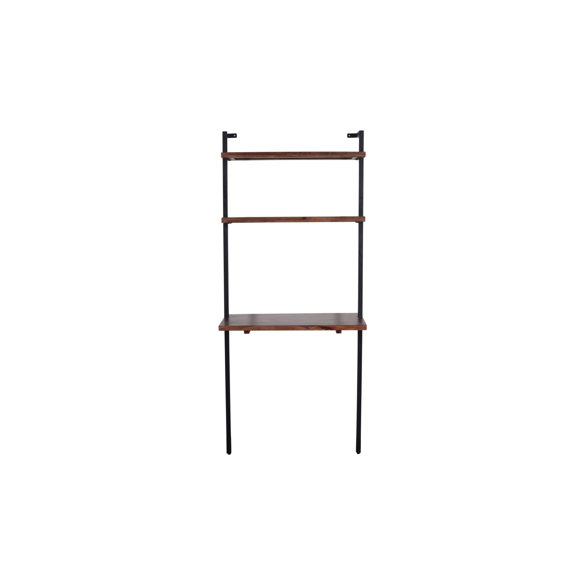 Industrial 3 Tier Mango Wood Ladder Storage Wall Shelf With Tubular Frame, Brown And Black Walnut Black Metal & Wood