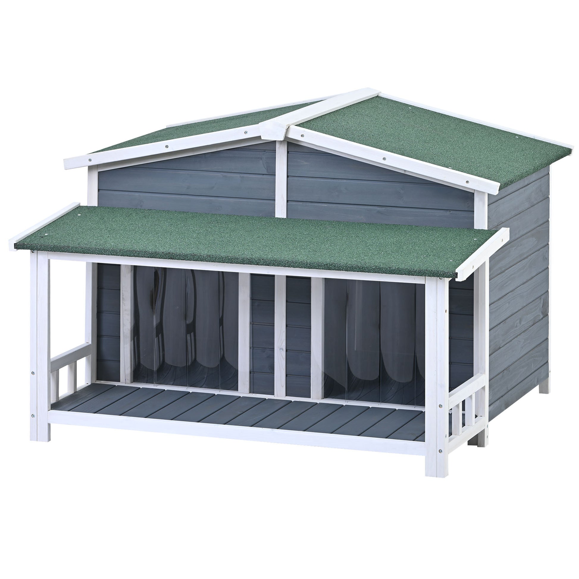 47.2" Large Wooden Dog House Outdoor, Outdoor & Indoor Dog Crate, Cabin Style, With Porch, 2 Doors, Gray And Green Gray Outdoor Kennel Medium 26 40 Lbs Solid Wood