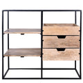 35 Inch Handcrafted Modern Glass Table, Storage Shelves, 3 Drawers, Metal Frame, Natural Brown And Black Walnut Black Mdf Glass