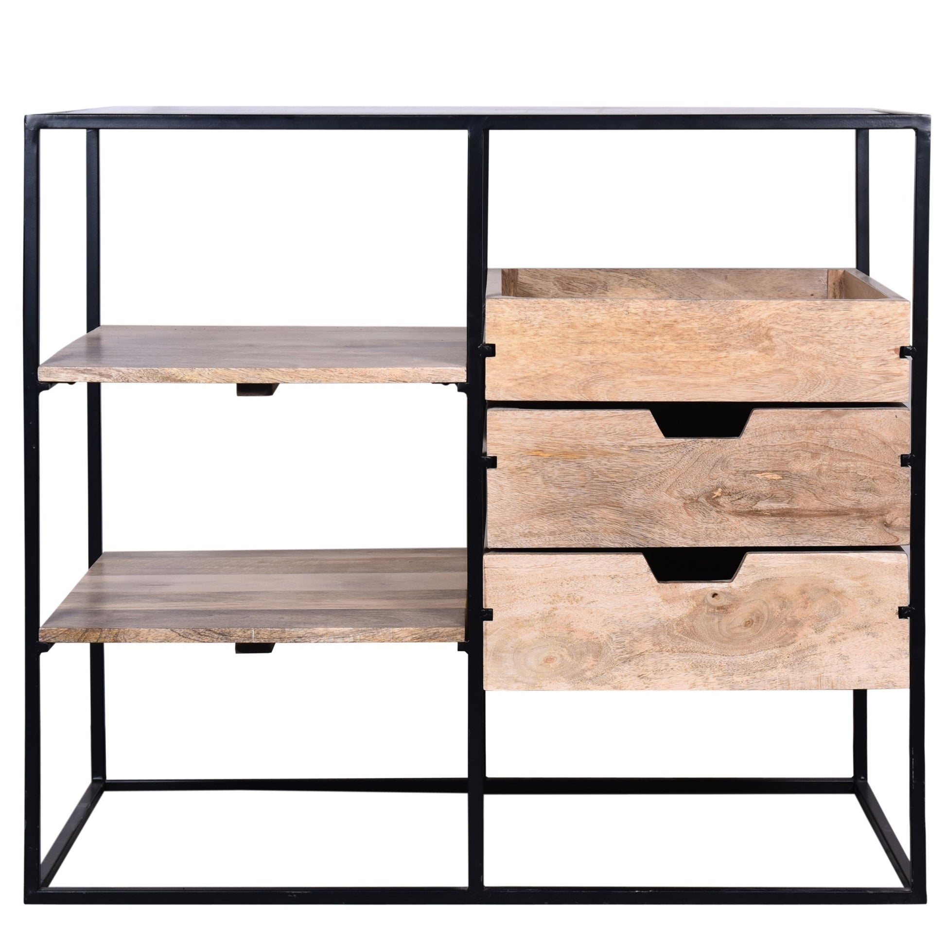 35 Inch Handcrafted Modern Glass Table, Storage Shelves, 3 Drawers, Metal Frame, Natural Brown And Black Walnut Black Mdf Glass