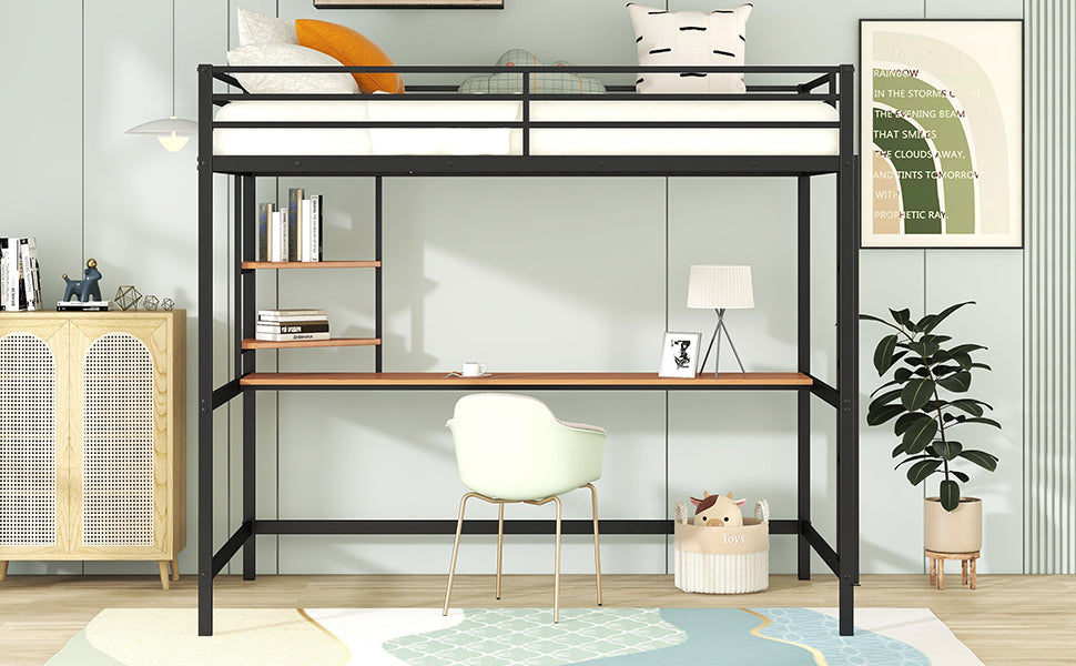 Full Metal Loft Bed With Desk And Shelve, Black Black Metal