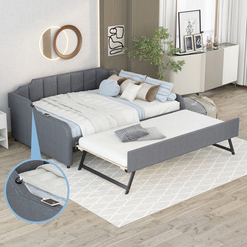 Full Size Upholstery Daybed With Trundle And Usb Charging Design,Trundle Can Be Flat Or Erected,Gray Full Gray Pine