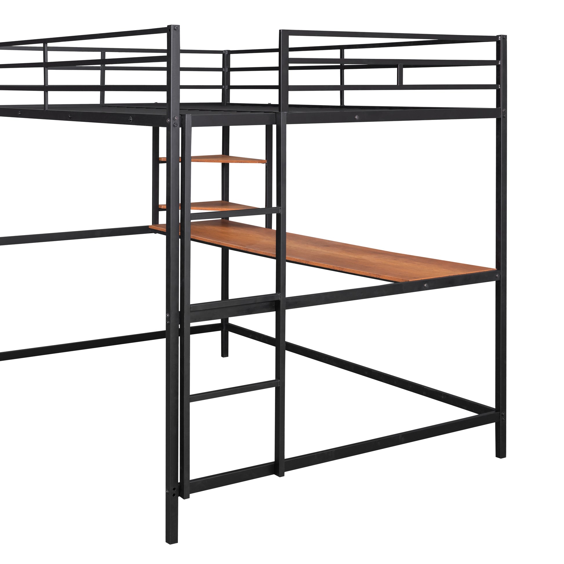 Full Metal Loft Bed With Desk And Shelve, Black Black Metal