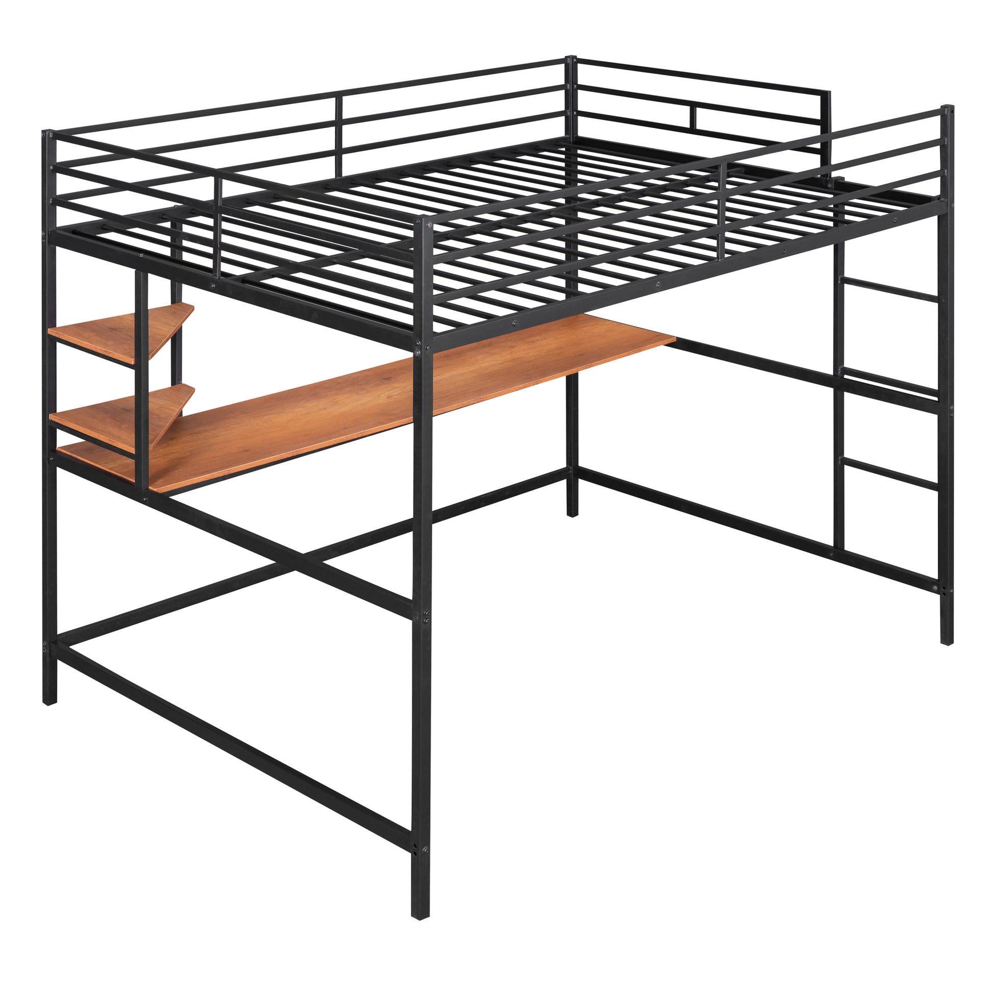 Full Metal Loft Bed With Desk And Shelve, Black Black Metal