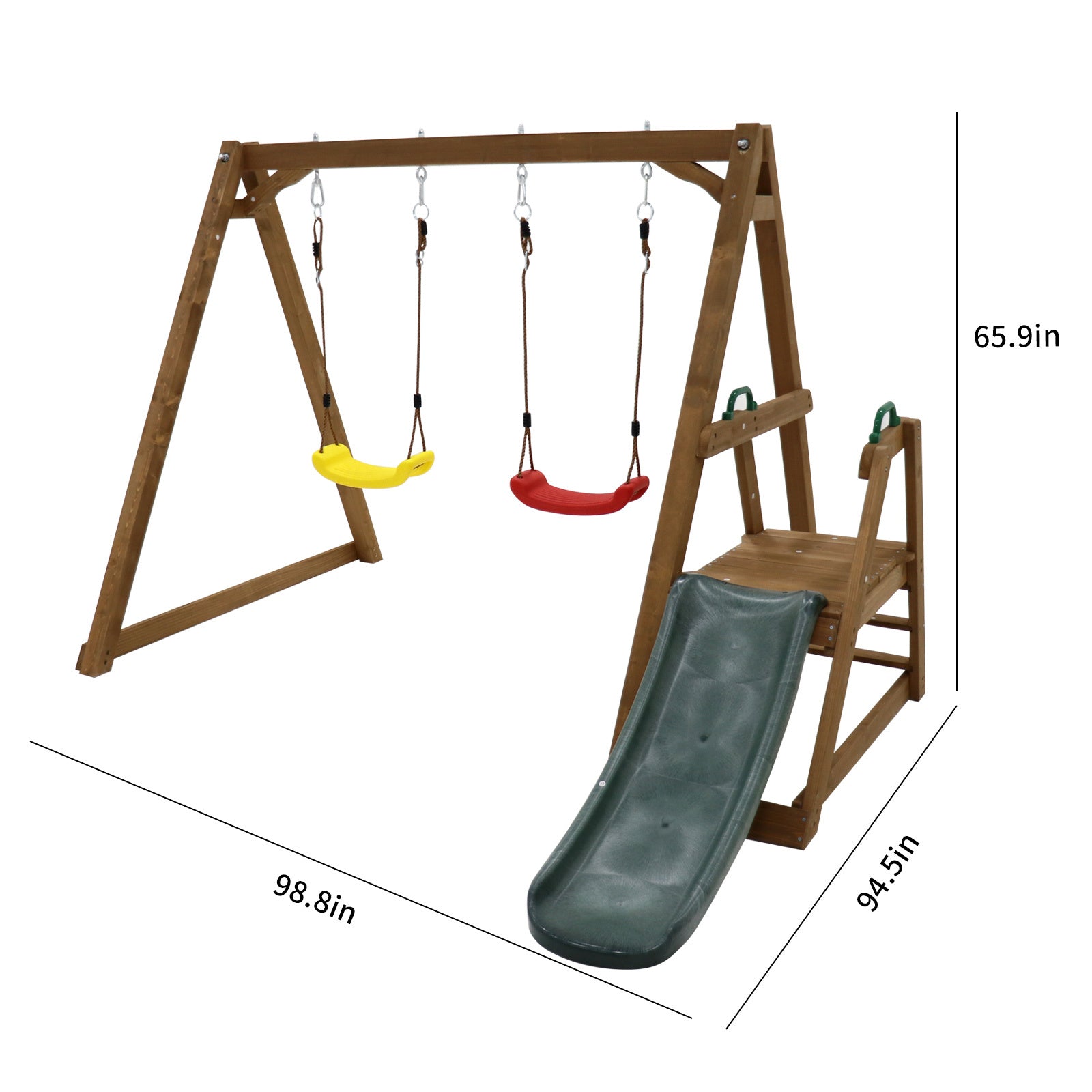 Wood Swing Set For Backyard, 2 In 1 Outdoor Swing Set With Slide, Climbing Rope Ladder Kids Backyard Playset Natural Solid Wood