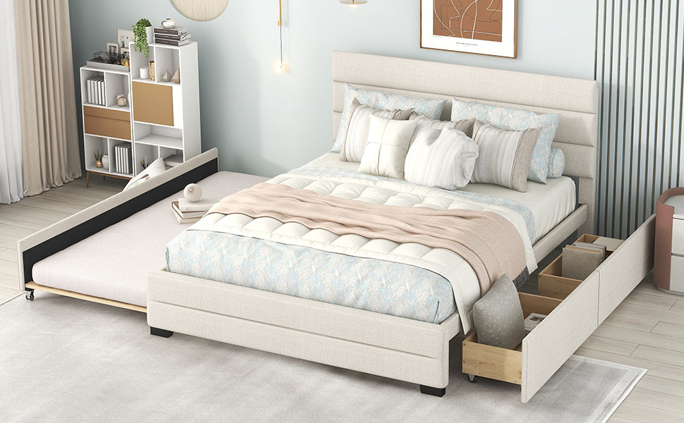 Queen Upholstered Platform Bed With Twin Size Trundle And Two Drawers, Beige Queen Beige Upholstered