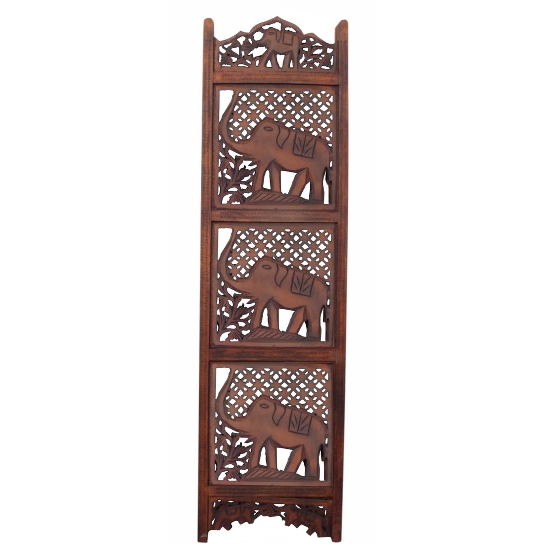 Hand Carved Elephant Design Foldable 4 Panel Wooden Room Divider, Brown Brown Solid Wood