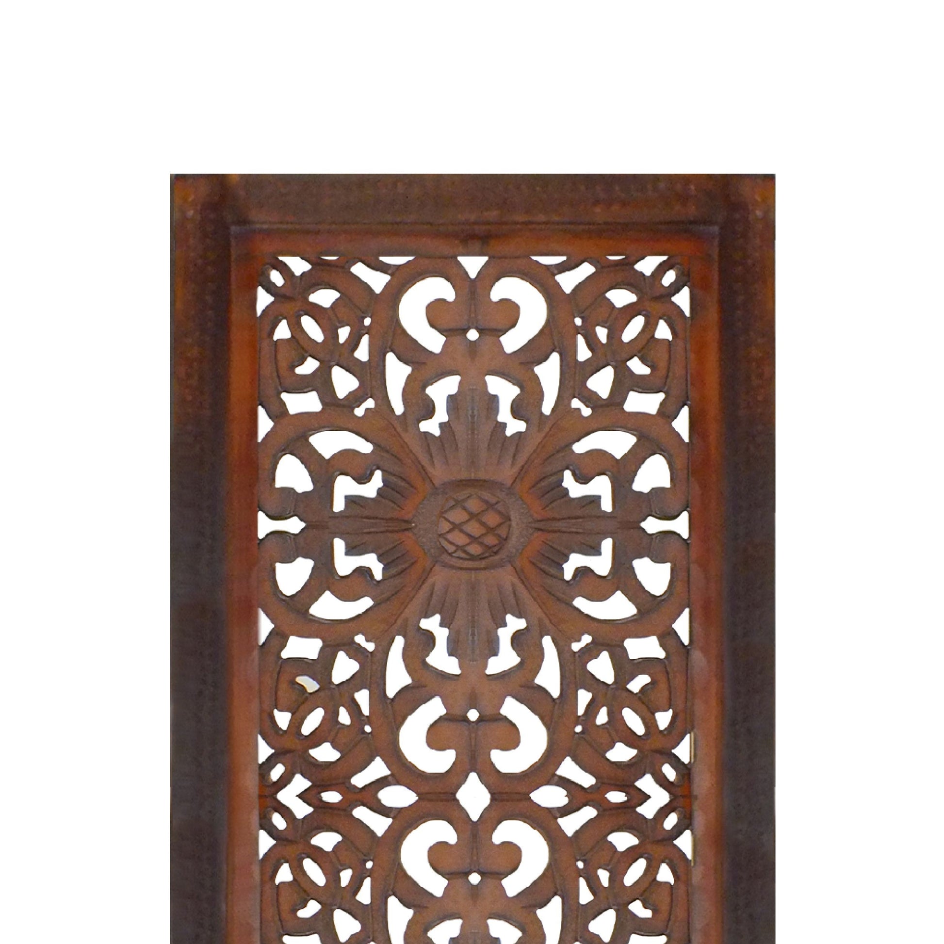 2 Piece Mango Wood Wall Panel Set With Mendallion Carving, Burnt Brown Brown Metal & Wood