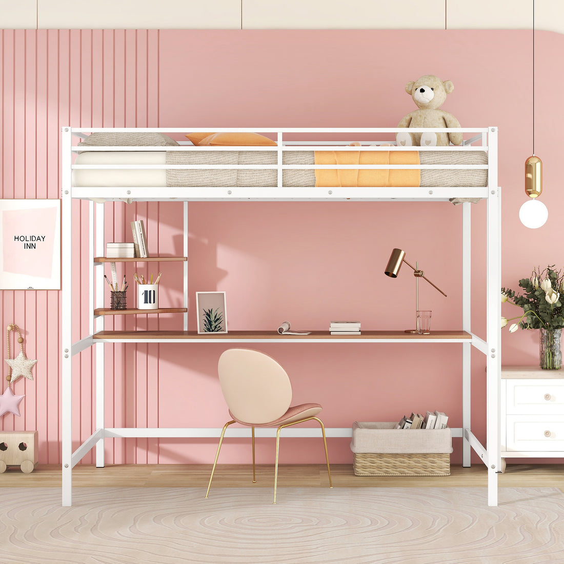 Full Metal Loft Bed With Desk And Shelve, White White Metal