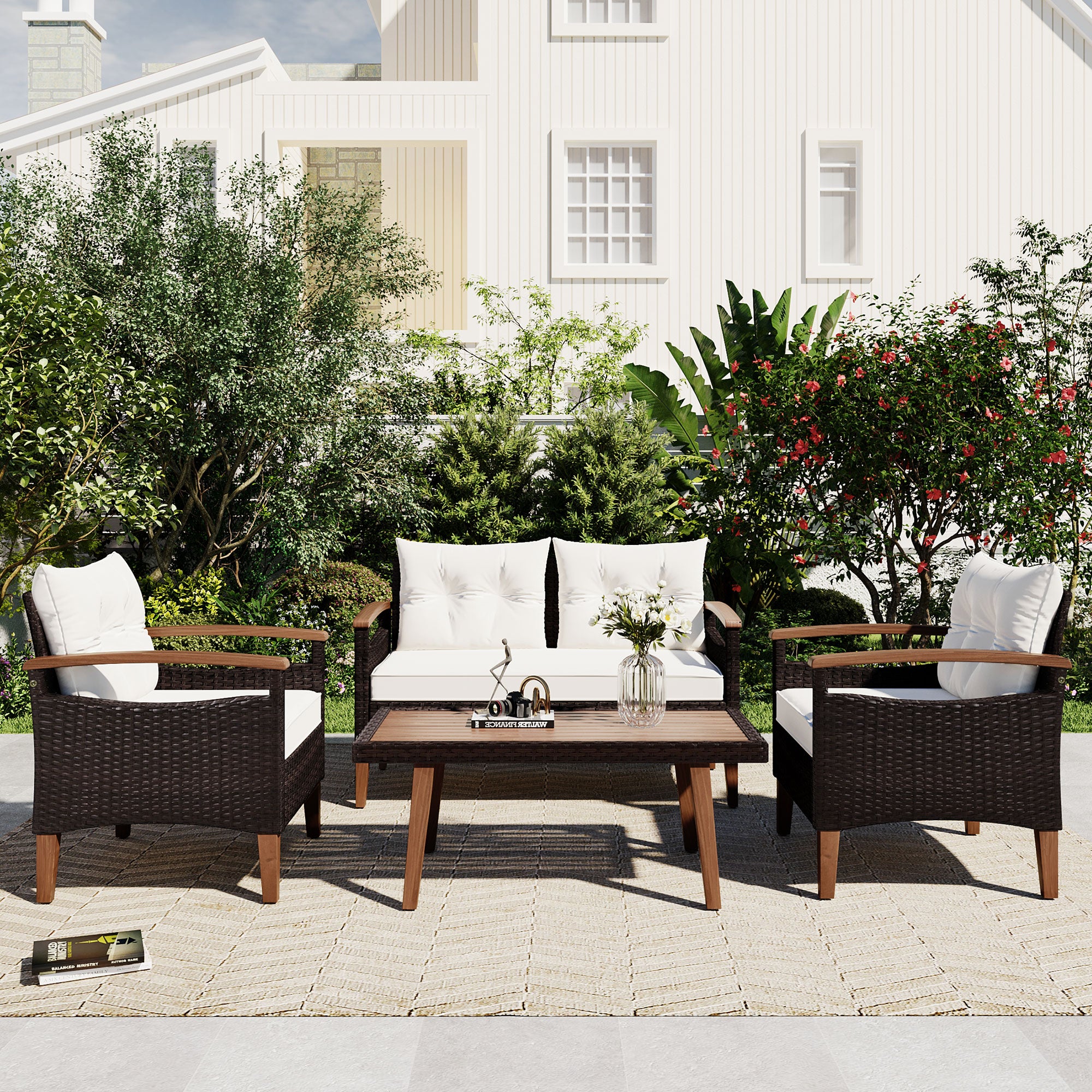 4 Piece Garden Furniture, Patio Seating Set, Pe Rattan Outdoor Sofa Set, Wood Table And Legs, Brown And Beige Yes Beige Polyurethane Foam Polyester,Wicker
