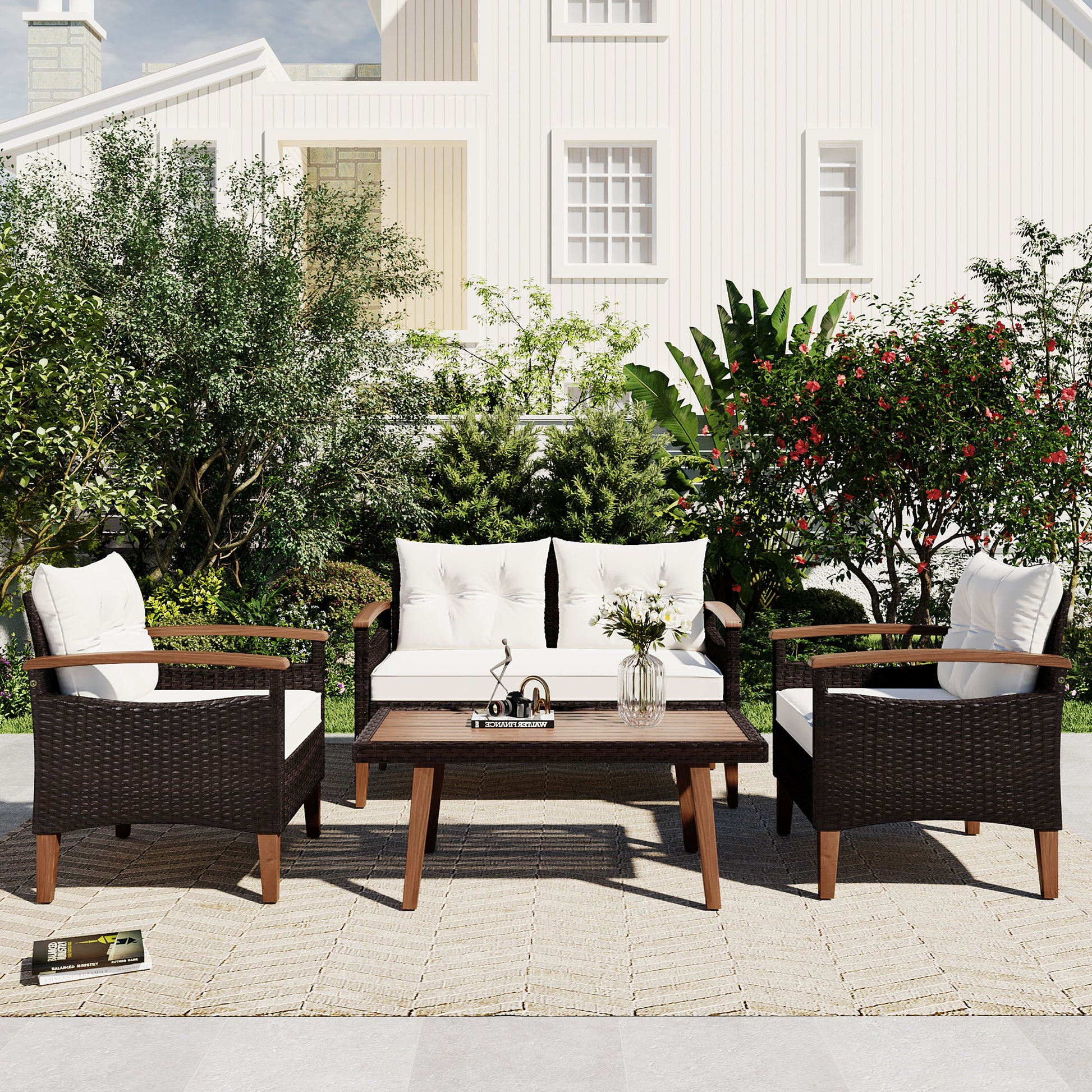 4 Piece Garden Furniture, Patio Seating Set, Pe Rattan Outdoor Sofa Set, Wood Table And Legs, Brown And Beige Yes Beige Polyurethane Foam Polyester,Wicker