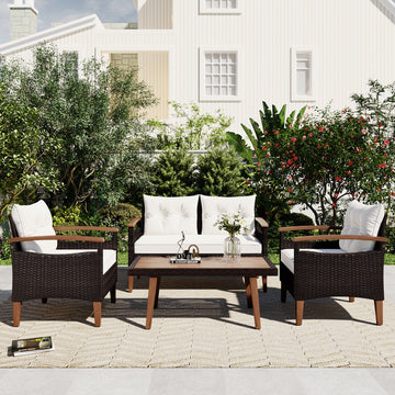 4 Piece Garden Furniture, Patio Seating Set, Pe Rattan Outdoor Sofa Set, Wood Table And Legs, Brown And Beige Yes Beige Polyurethane Foam Polyester,Wicker