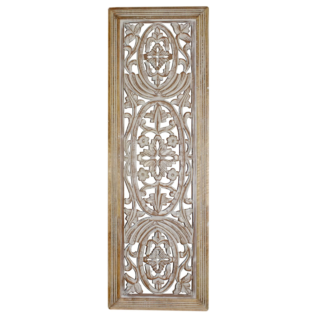 Rectangular Mango Wood Wall Panel Hand Crafted With Intricate Carving, White And Brown Brown White Metal & Wood