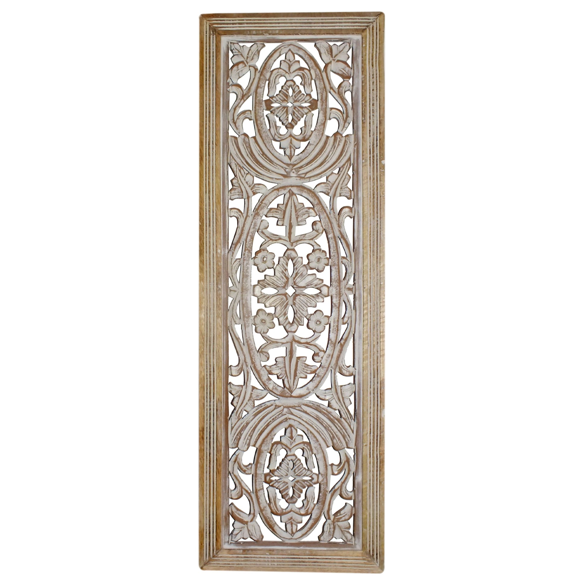 Rectangular Mango Wood Wall Panel Hand Crafted With Intricate Carving, White And Brown Brown White Metal & Wood