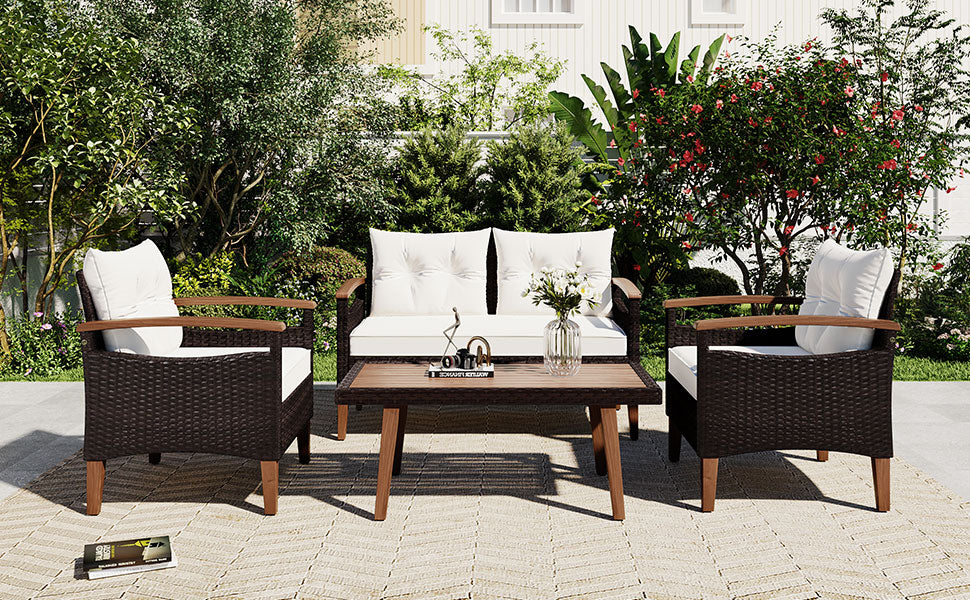 4 Piece Garden Furniture, Patio Seating Set, Pe Rattan Outdoor Sofa Set, Wood Table And Legs, Brown And Beige Yes Beige Polyurethane Foam Polyester,Wicker