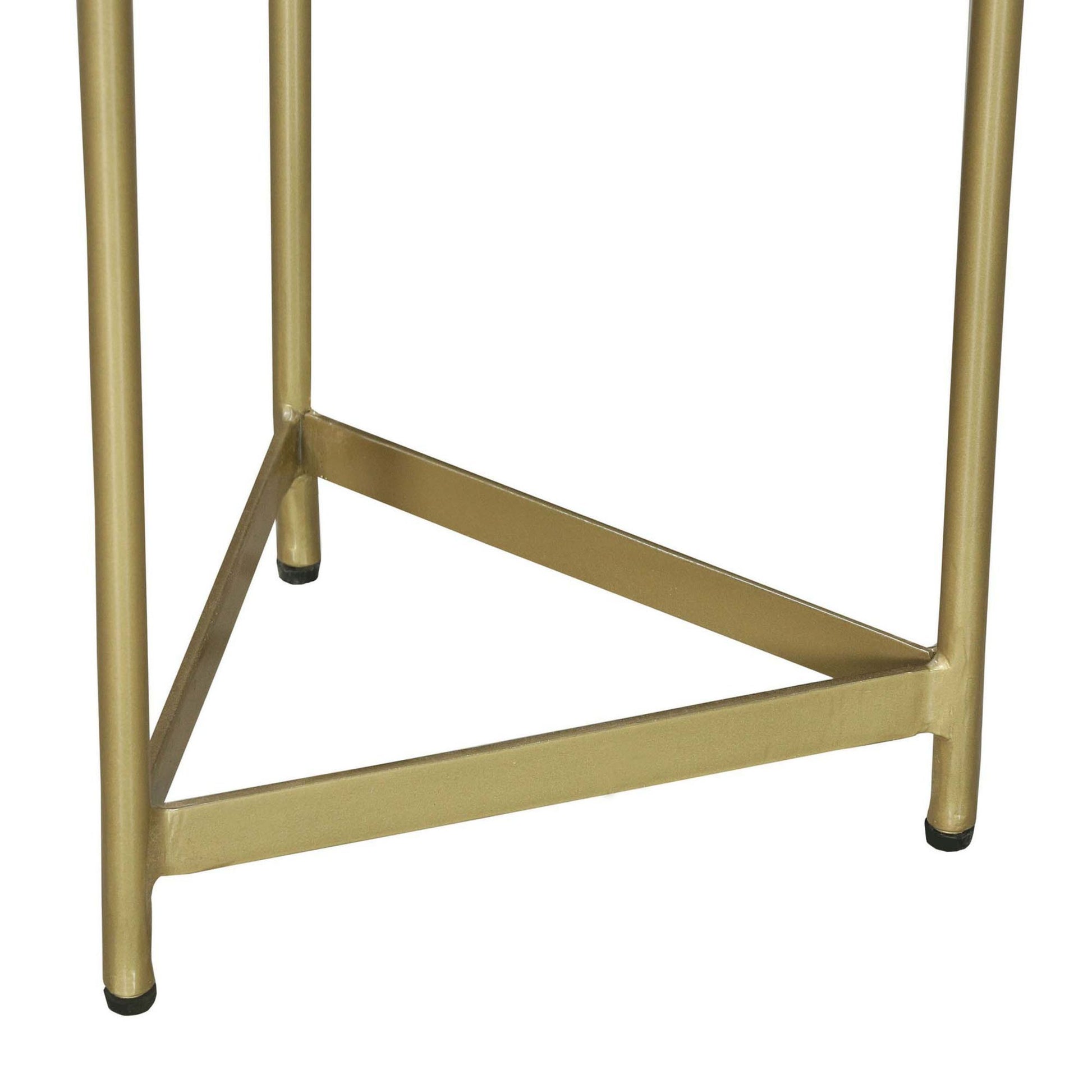 Brita 12 Inch Cocktail Accent Table, Round Wood Top, Triangular Gold Base, Brown, Brass Golden White Metal & Wood