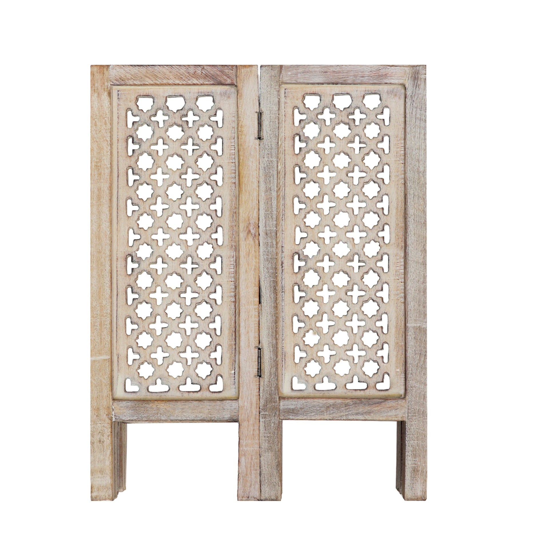 Mesh Cut Out Carved Mango Wood Octagonal Folding Table With Round Top, Antique White And Brown Brown White Solid Wood