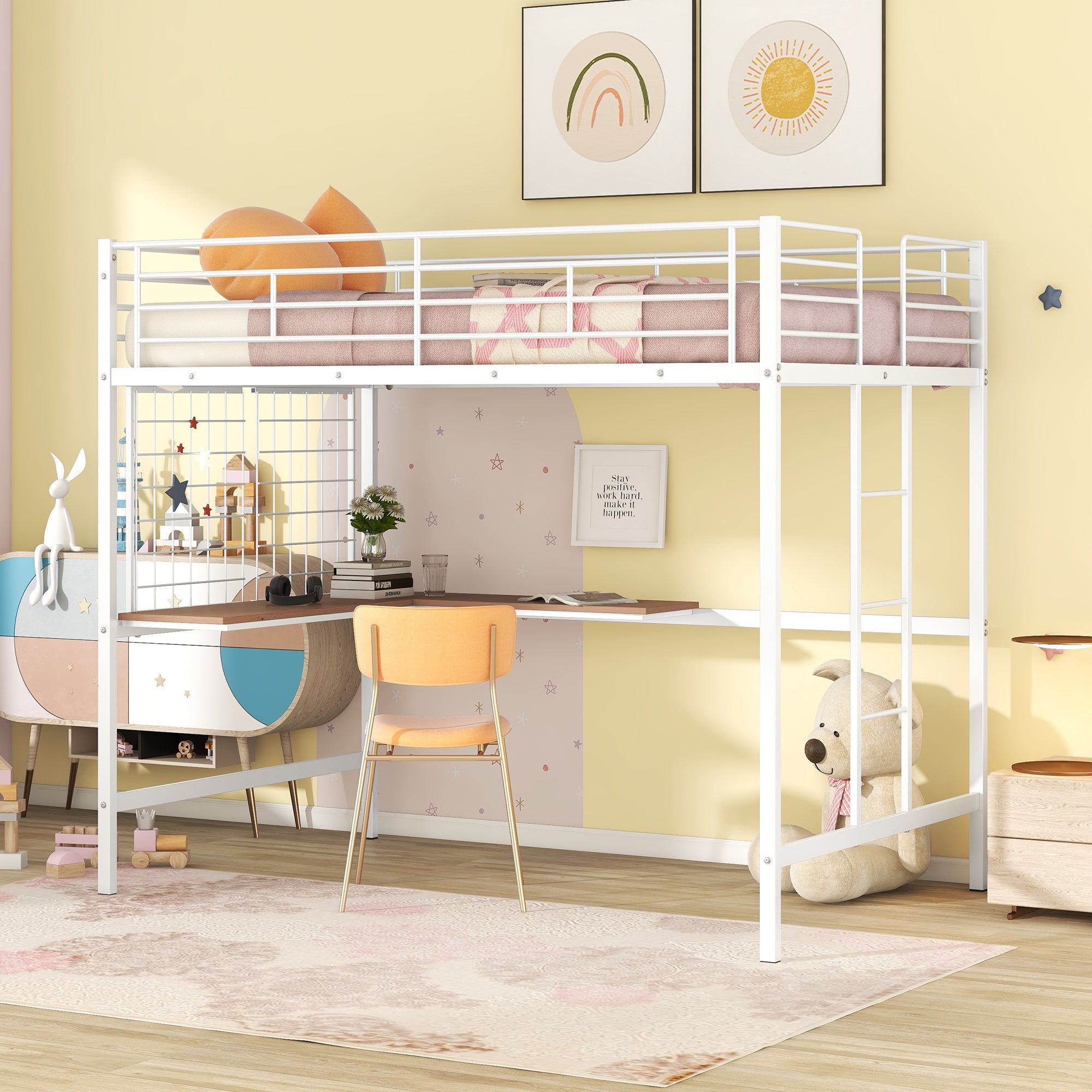 Full Metal Loft Bed With Desk And Metal Grid, White White Metal