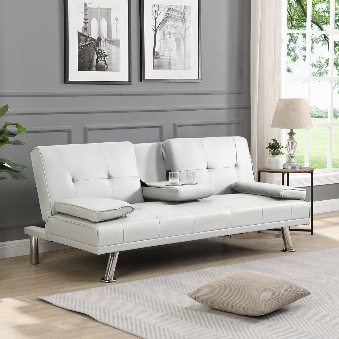 Sofa Bed With Armrest Two Holders Wood Frame, Stainless Leg, Futon White Pvc White Leather 2 Seat