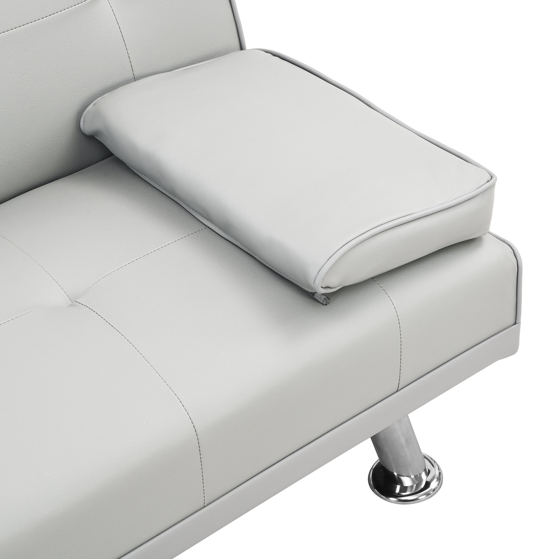 Sofa Bed With Armrest Two Holders Wood Frame, Stainless Leg, Futon White Pvc White Leather 2 Seat