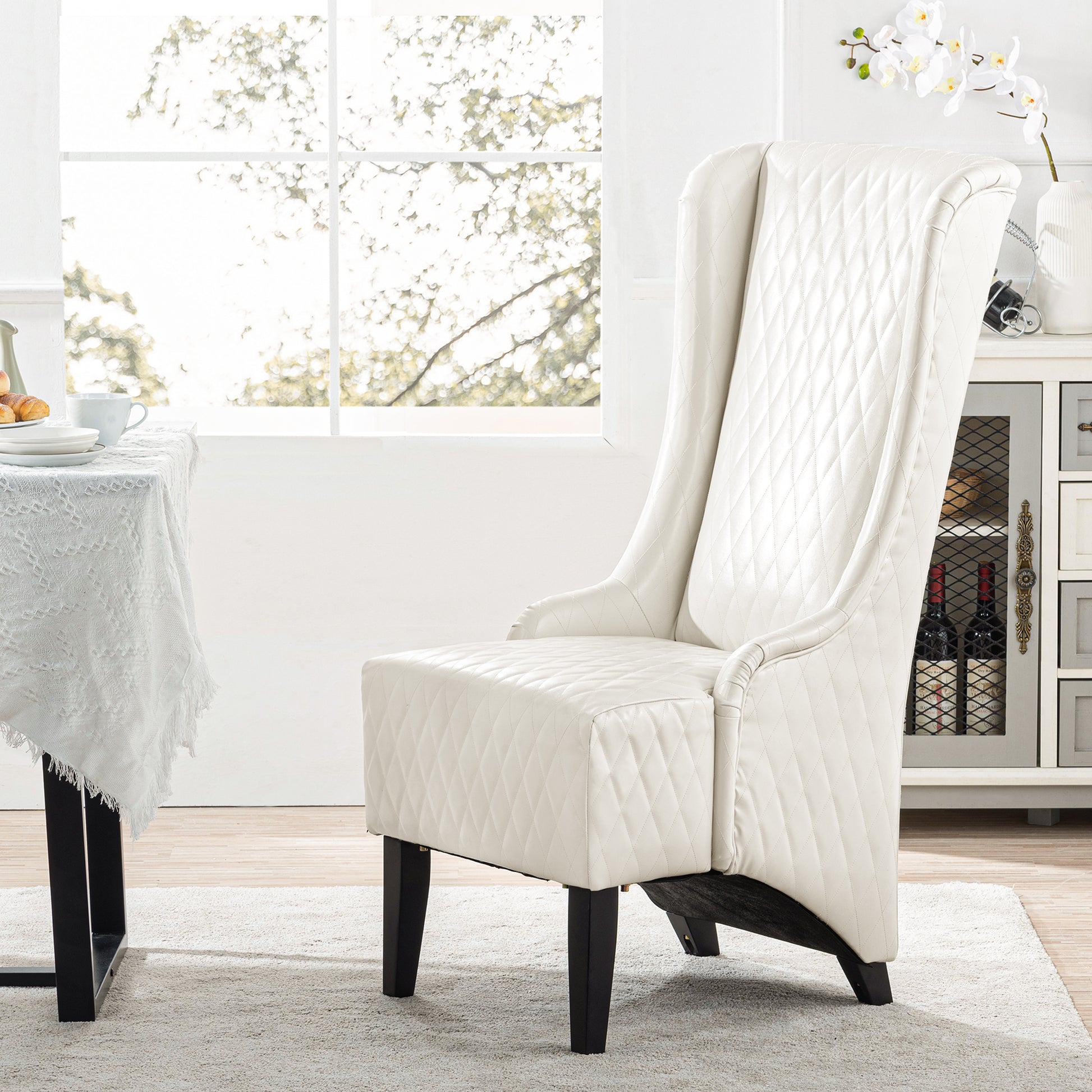 23.03" Wide Faux Leather High Back Accent Chair, Comfy High Wingback Chair, Living Room Chair With Soft Padded & Wooden Legs, Modern Side Chair For Living Room, Bedroom, White White Pu