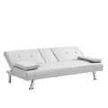 Sofa Bed With Armrest Two Holders Wood Frame, Stainless Leg, Futon White Pvc White Leather 2 Seat