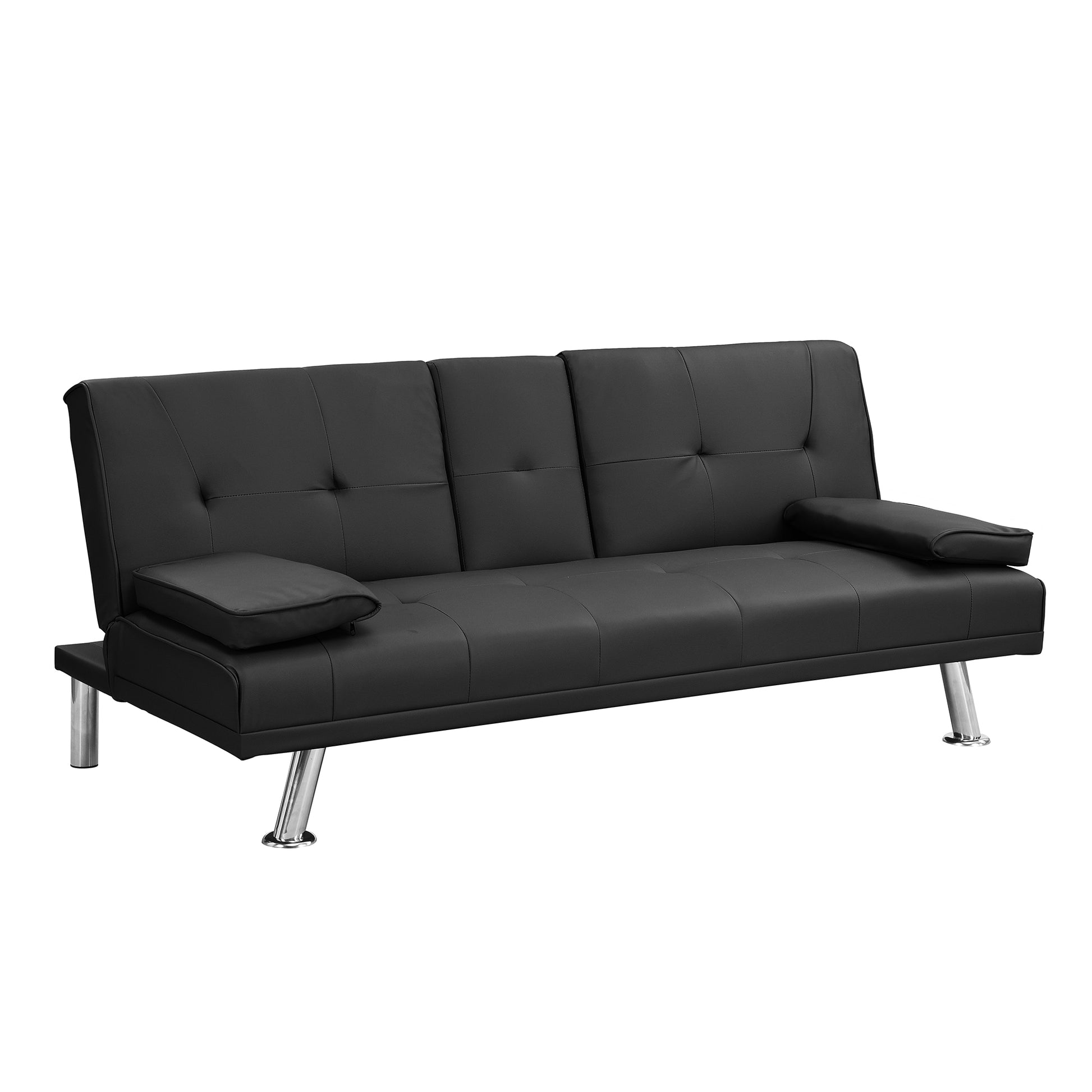 Sofa Bed With Armrest Two Holders Wood Frame, Stainless Leg, Futon Black Pvc Black Leather