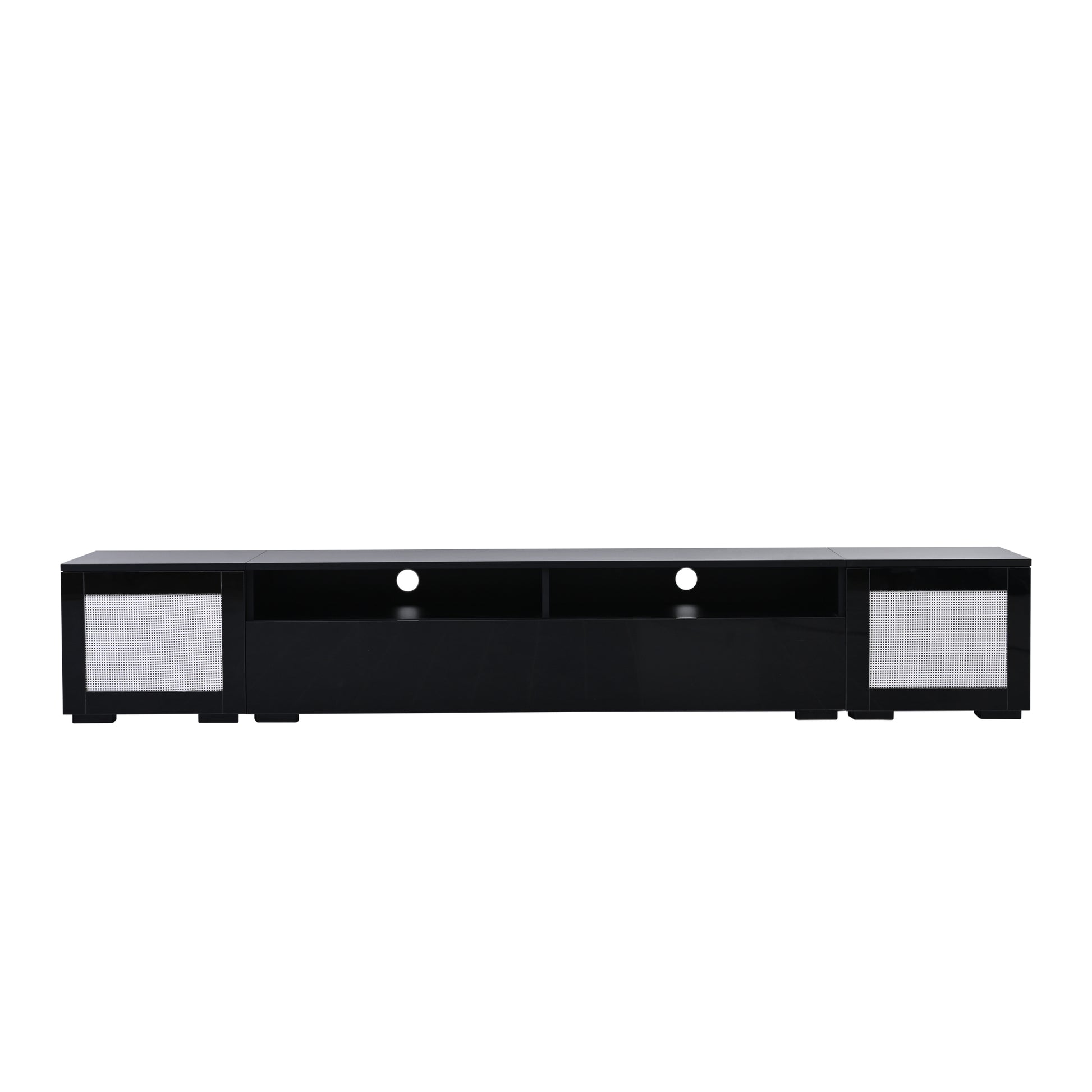 Extended, Rattan Style Entertainment Center, 7 Pieces Floating Tv Console Table For Tvs Up To 90'', High Gloss Wall Mounted Tv Stand With Color Changing Led Lights For Home Theatre, Black. Black Particle Board