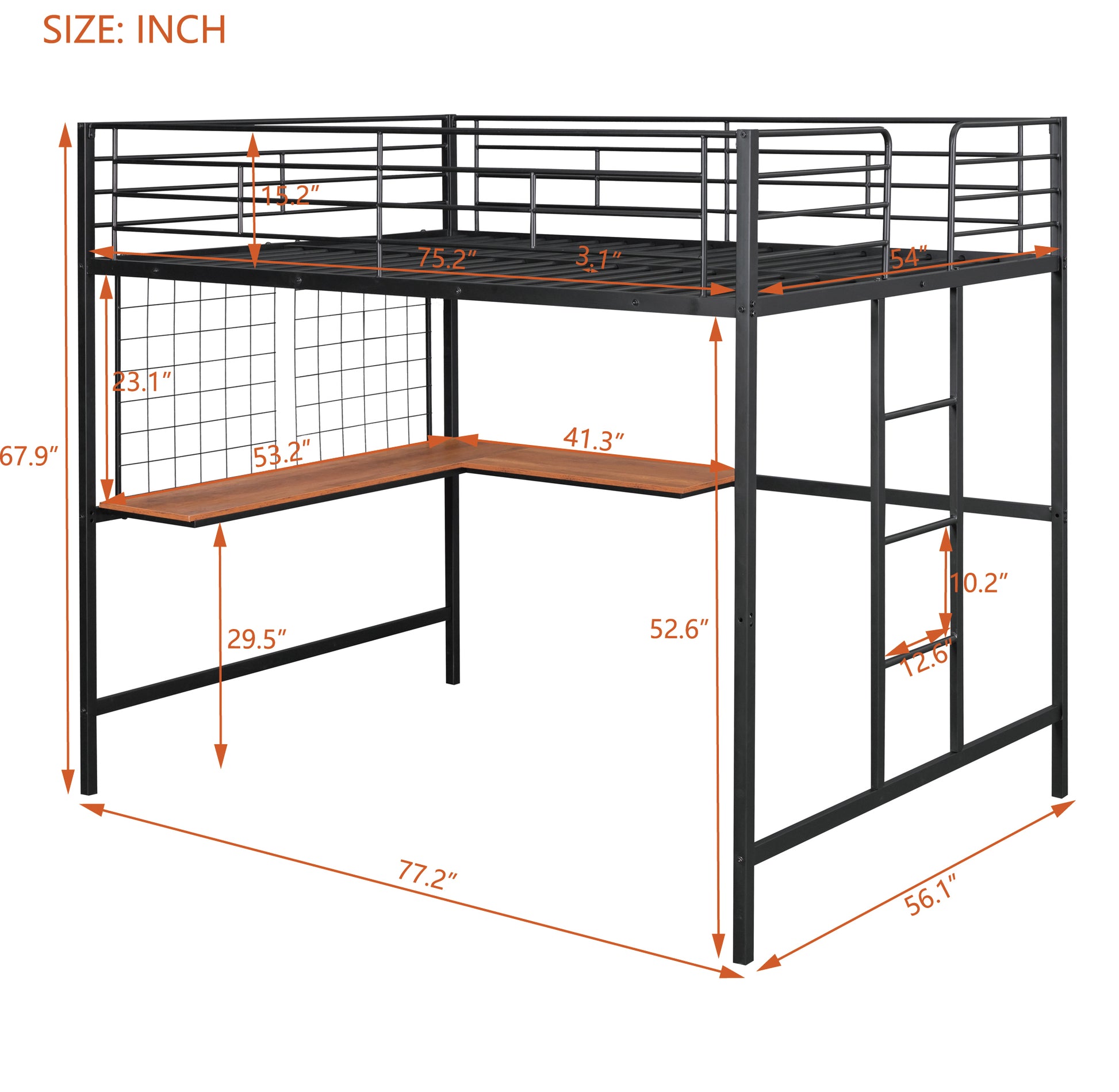 Full Metal Loft Bed With Desk And Metal Grid, Black Black Metal