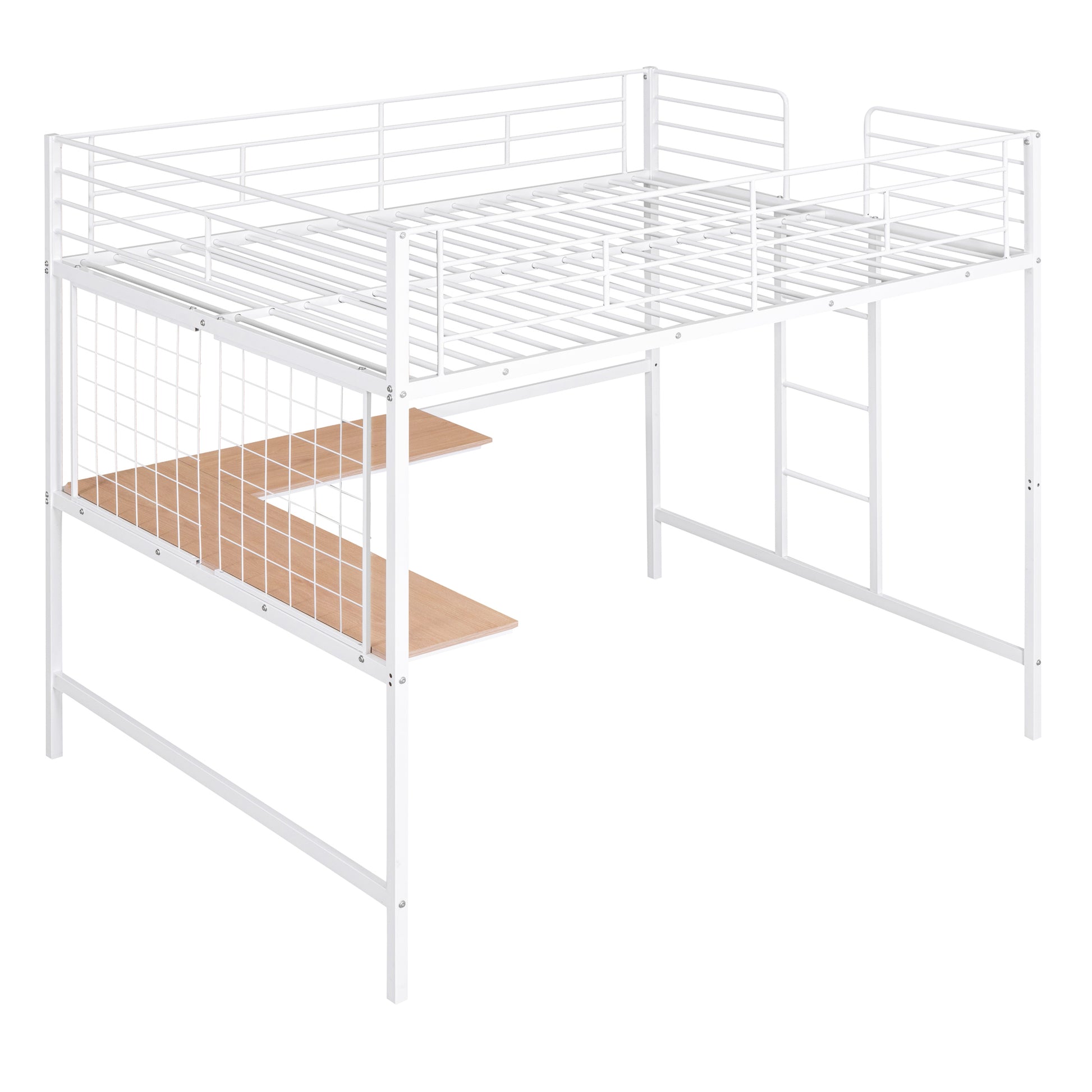 Full Metal Loft Bed With Desk And Metal Grid, White White Metal