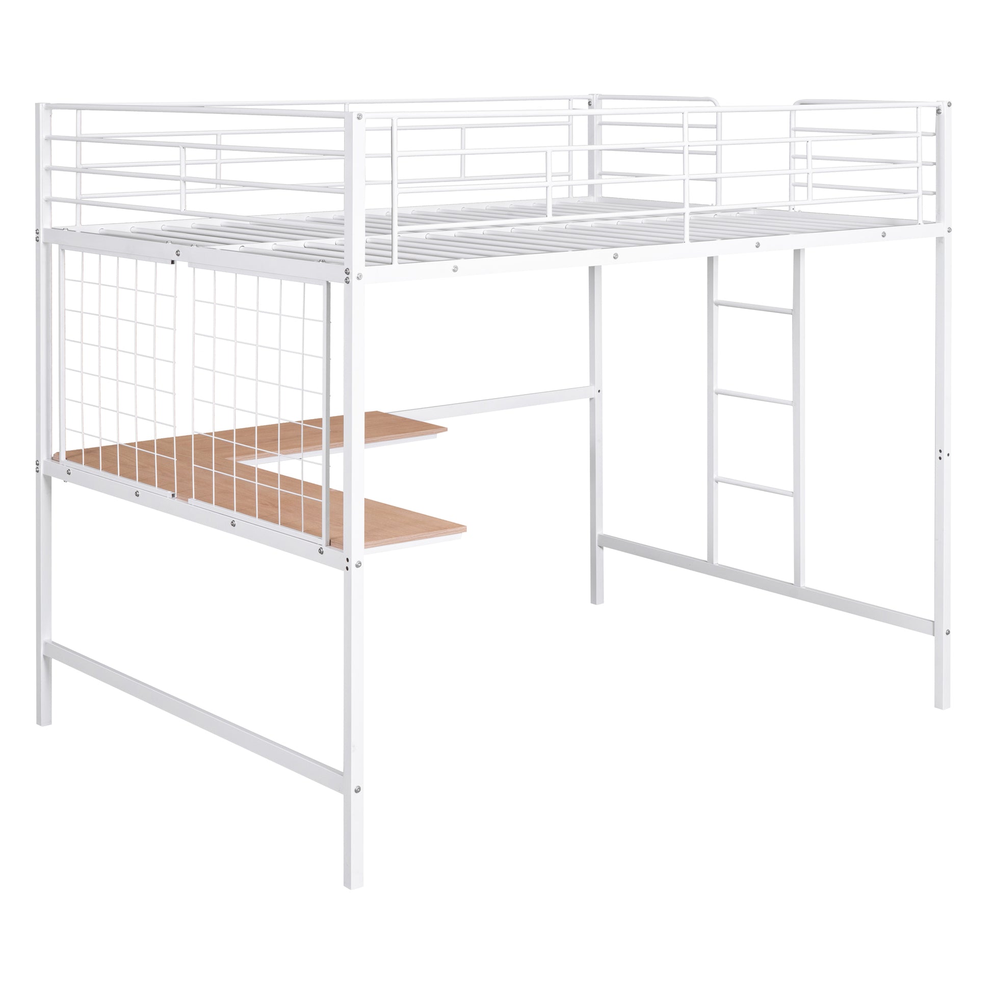 Full Metal Loft Bed With Desk And Metal Grid, White White Metal