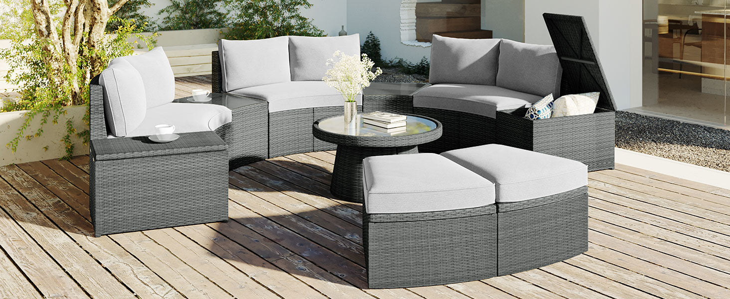 10 Piece Outdoor Sectional Half Round Patio Rattan Sofa Set, Pe Wicker Conversation Furniture Set Combination, Light Gray Yes Complete Patio Set Light Gray Water Resistant Frame Water Resistant