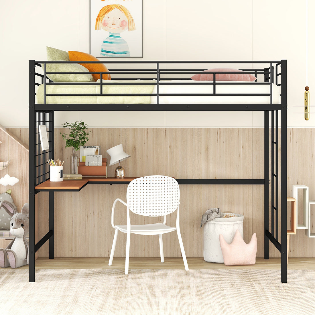 Full Metal Loft Bed With Desk And Metal Grid, Black Black Metal