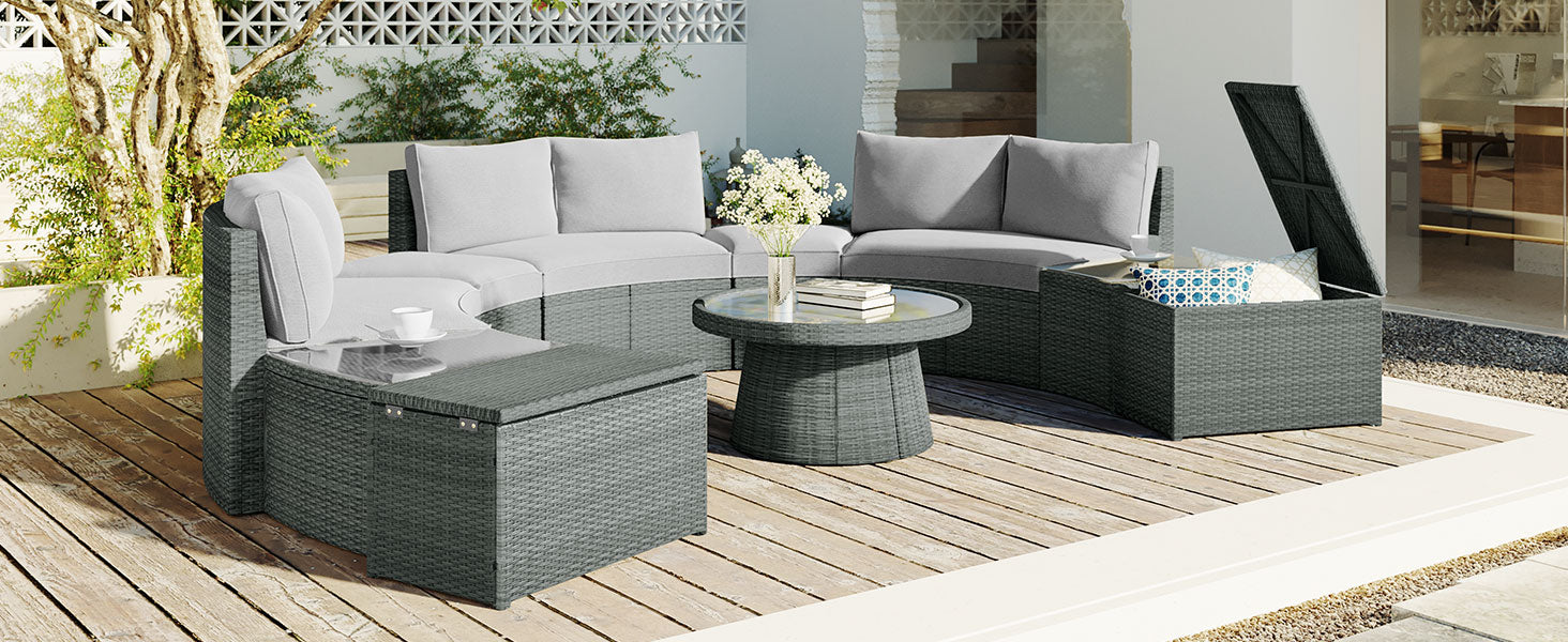 10 Piece Outdoor Sectional Half Round Patio Rattan Sofa Set, Pe Wicker Conversation Furniture Set Combination, Light Gray Yes Complete Patio Set Light Gray Water Resistant Frame Water Resistant