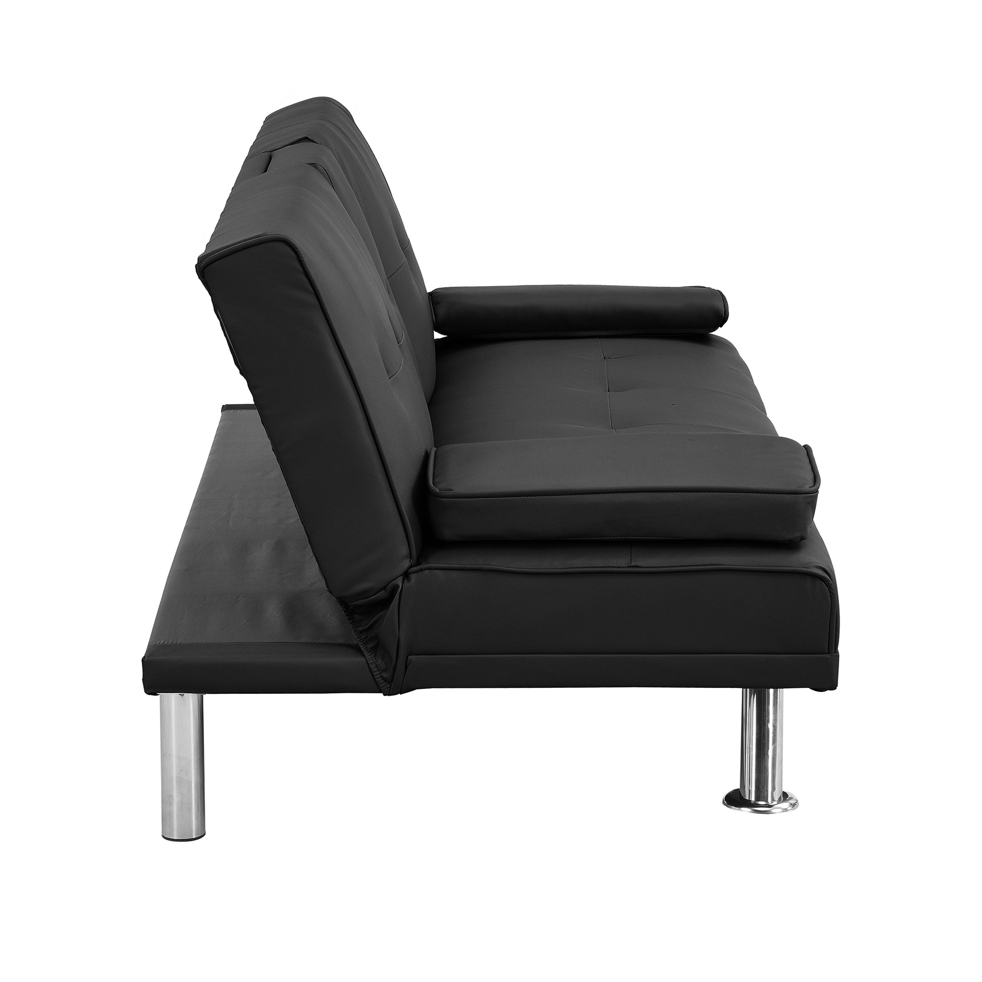 Sofa Bed With Armrest Two Holders Wood Frame, Stainless Leg, Futon Black Pvc Black Leather