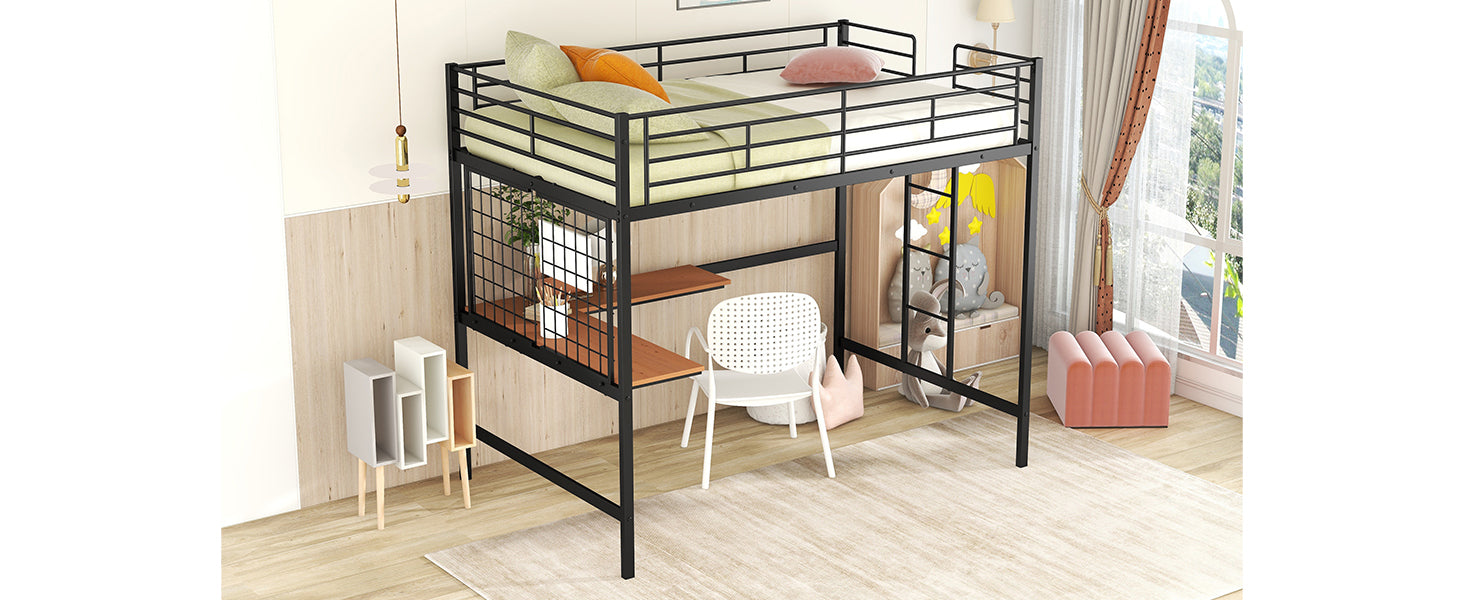 Full Metal Loft Bed With Desk And Metal Grid, Black Black Metal