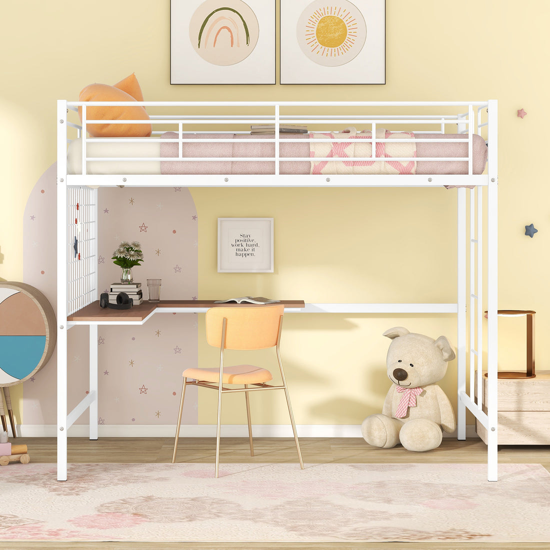 Full Metal Loft Bed With Desk And Metal Grid, White White Metal