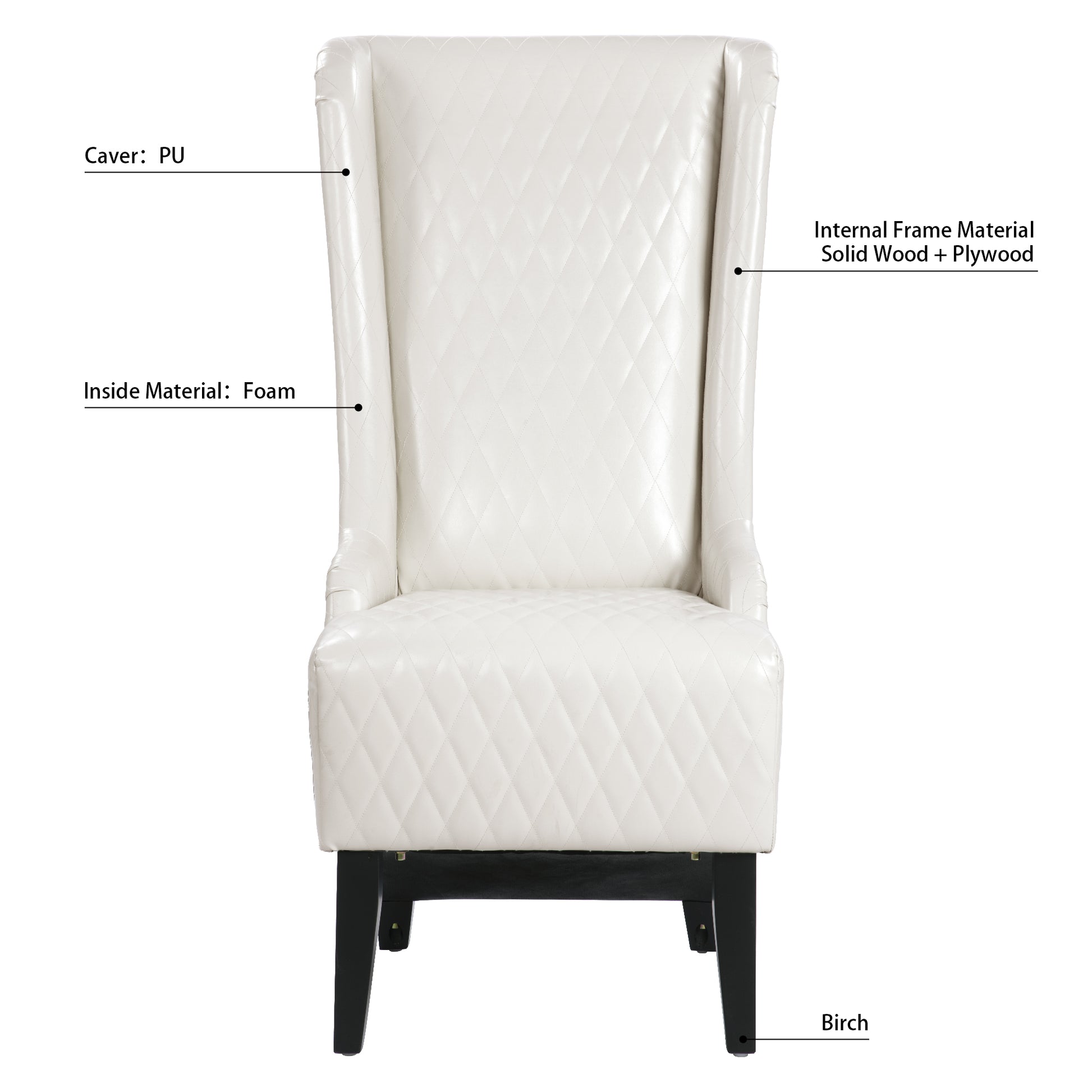 23.03" Wide Faux Leather High Back Accent Chair, Comfy High Wingback Chair, Living Room Chair With Soft Padded & Wooden Legs, Modern Side Chair For Living Room, Bedroom, White White Pu