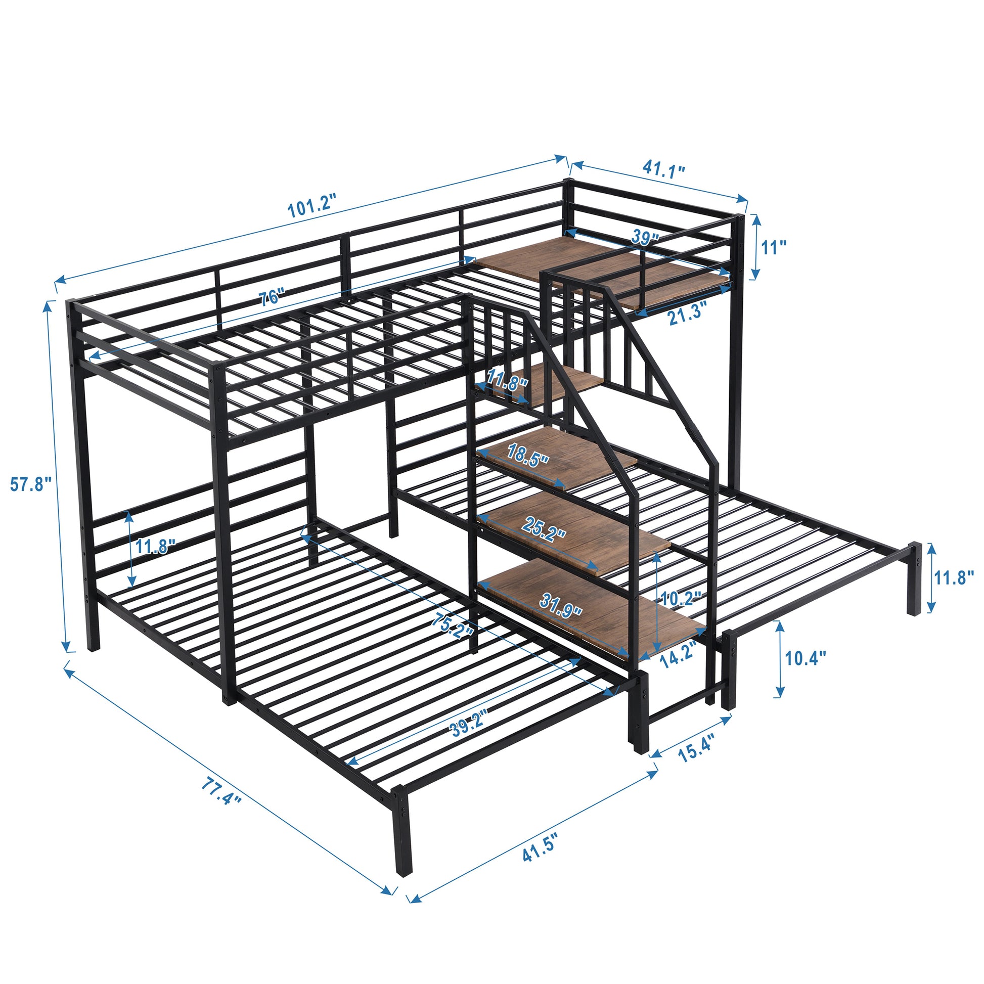 Metal Twin Over Twin & Twin Bunk Bed, Triple Bunk Bed With Storage Shelves Staircase, Black Twin Black Metal & Wood