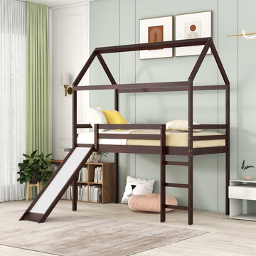 Twin Loft Bed With Slide, House Bed With Slide,Gray Old Sku :Wf286245Aap Twin Espresso Solid Wood