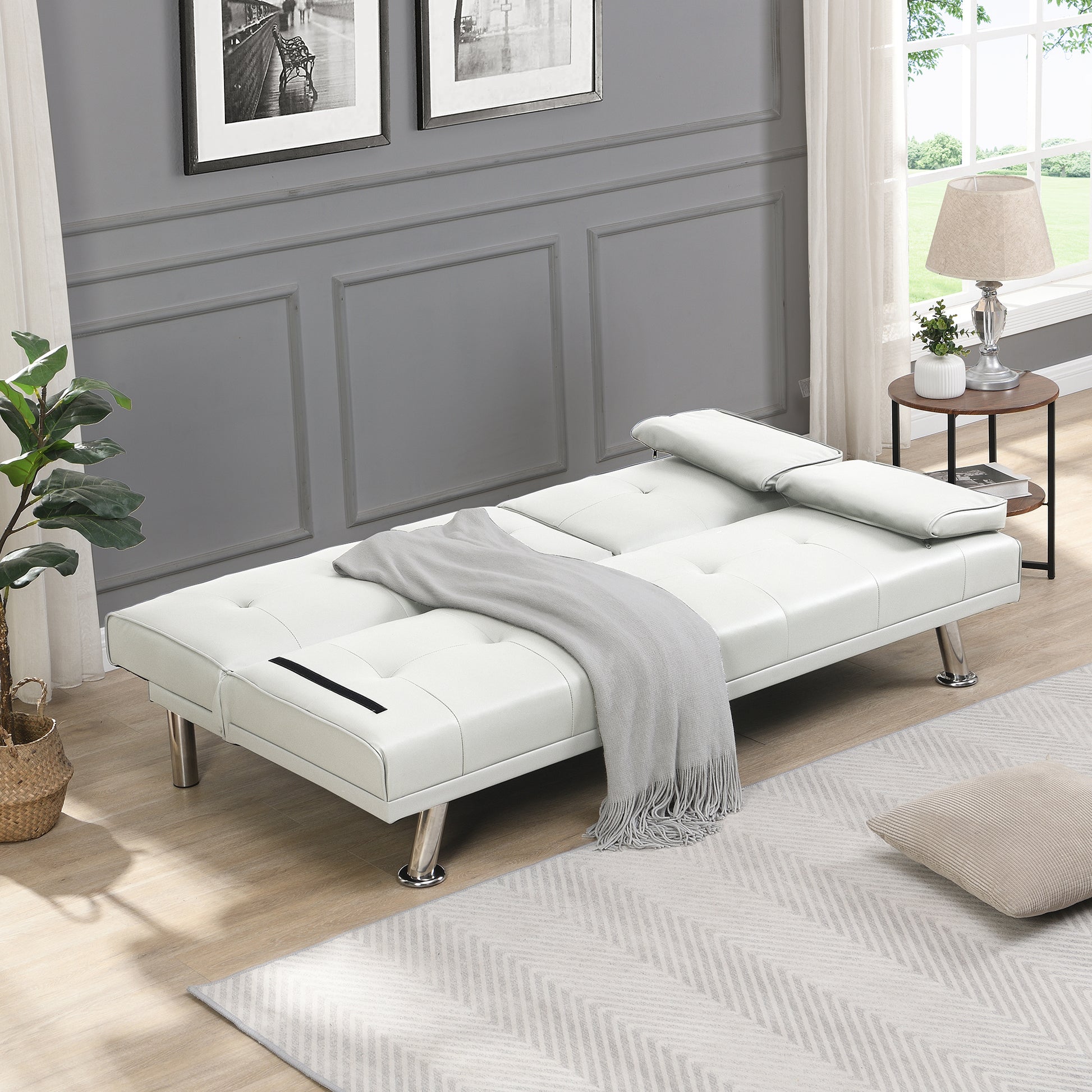 Sofa Bed With Armrest Two Holders Wood Frame, Stainless Leg, Futon White Pvc White Leather 2 Seat