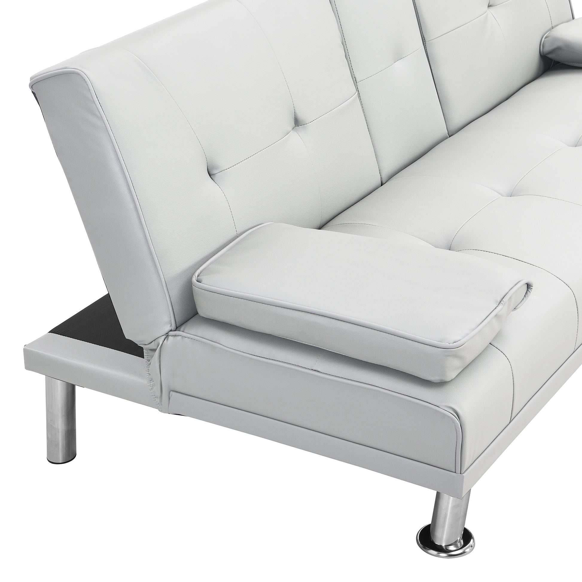 Sofa Bed With Armrest Two Holders Wood Frame, Stainless Leg, Futon White Pvc White Leather 2 Seat