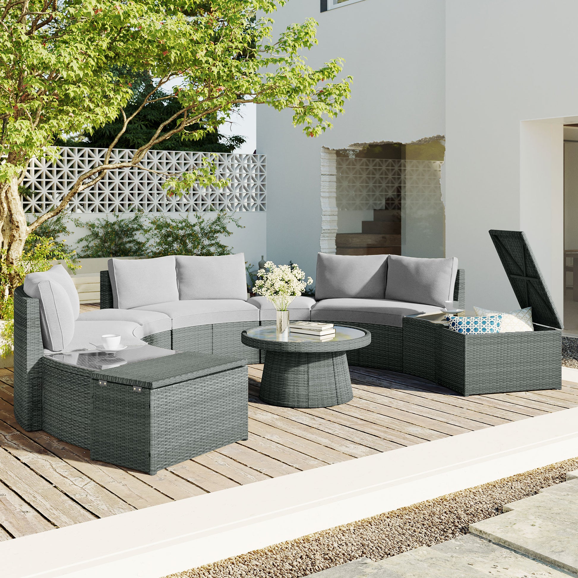 10 Piece Outdoor Sectional Half Round Patio Rattan Sofa Set, Pe Wicker Conversation Furniture Set Combination, Light Gray Yes Complete Patio Set Light Gray Water Resistant Frame Water Resistant