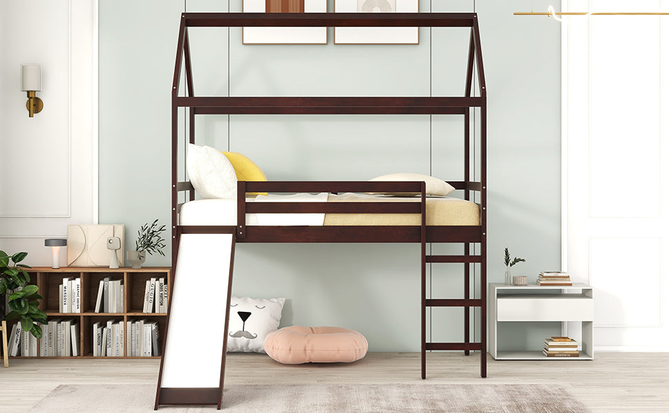 Twin Loft Bed With Slide, House Bed With Slide,Gray Old Sku :Wf286245Aap Twin Espresso Solid Wood