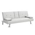 Sofa Bed With Armrest Two Holders Wood Frame, Stainless Leg, Futon White Pvc White Leather 2 Seat